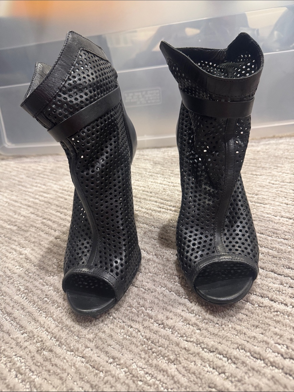 Schutz Black Leather Perforated Lace-Up Peep-Toe Booties Size 10